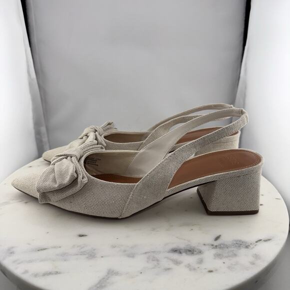 ASOS Suzy Bow Slingback Heels EU40 US9 Beige Fabric Pointed Toe Block Heel - Picture 5 of 10